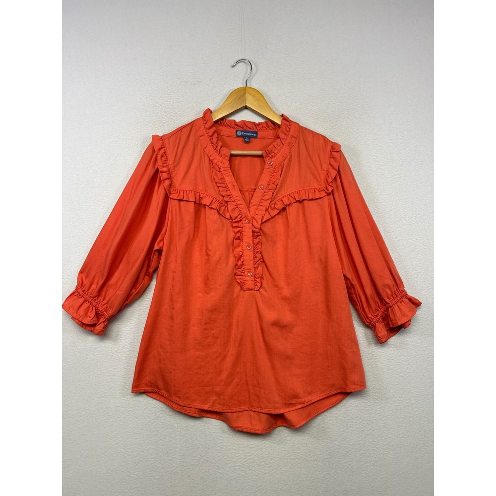 Boho Ruffle Democracy Womens Large Orange Sleeve Blouse Peasant Coastal Office